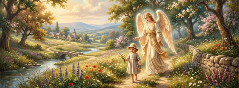 Guardian angel in golden light protecting a young child on a path