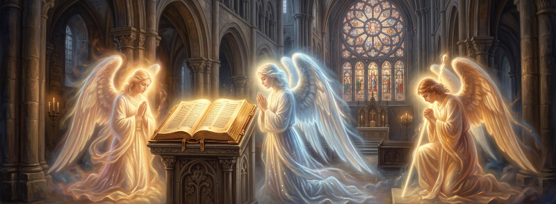 Ethereal angels surrounding sacred scripture in a cathedral