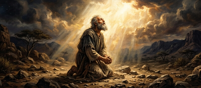 A dramatic oil painting depiction of Job kneeling humbly in an ancient biblical desert setting, bathed in a celestial beam of divine light symbolizing his shift from intellectual questioning to spiritual surrender in Job 42. Job kneeling in total surrender under heavenly divine light in a desert landscape.