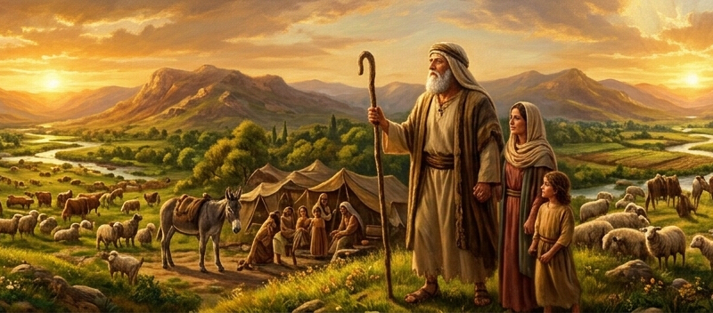 Restored biblical patriarch Job standing in a fertile valley surrounded by abundant livestock at golden hour.