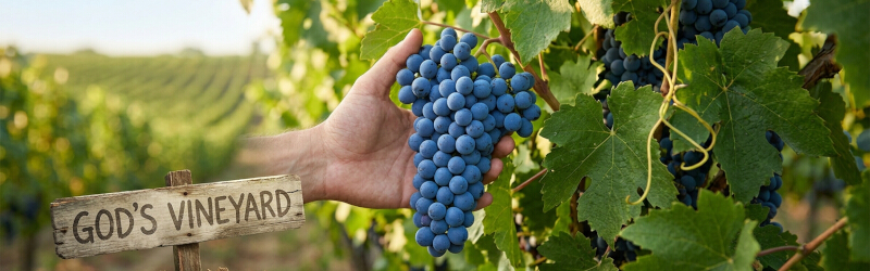 A dramatic oil painting depiction of Job kneeling humbly in an ancient biblical desert setting, bathed in a celestial beam of divine light symbolizing his shift from intellectual questioning to spiritual surrender in Job 42. The healthy abundance of a well-tended vineyard, focusing on a hand harvesting a luscious, healthy bunch of ripe blue grapes.