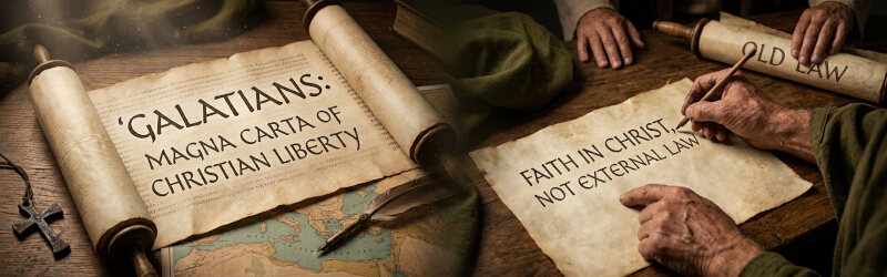 An image contrasting the 'old law' of rigid stone tablets with an unrolling papyrus and a cross, symbolizing Christian liberty and freedom through faith.