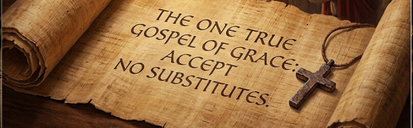 An ancient papyrus scroll with a cross pendant and a background of people, depicting the biblical text of Galatians 1:6-12 regarding the one true gospel.