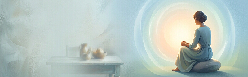 A figure sits in perfectly still meditation, facing a soft light, illustrating the peace found in daily adoration.