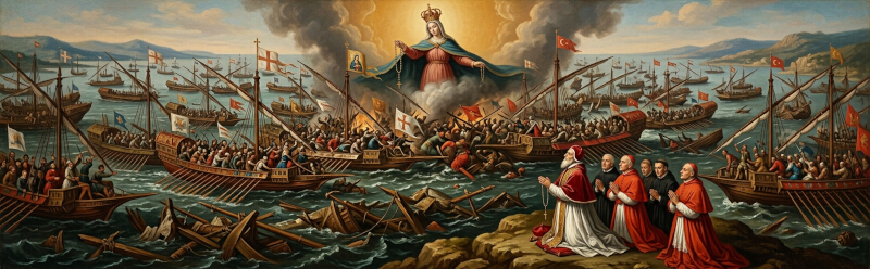 A classical panoramic painting depicting the Battle of Lepanto in 1571, showing Catholic Holy League galleys clashing with the Ottoman Turkish fleet, with Pope Pius V seen praying the Rosary on the coastline.