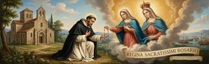 A wide classical painting illustrating Saint Dominic kneeling in a serene landscape near an old stone church, receiving the Rosary directly from the Blessed Virgin Mary appearing in a golden heavenly vision.