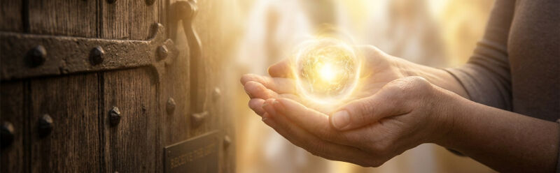 Dramatic photograph showing a pair of open, cupped hands receiving a brilliant, glowing orb of golden divine light emerging from a slightly ajar, heavy wooden door.