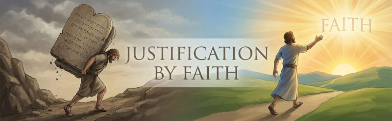 Illustration contrasting a burdened man carrying heavy law tablets versus a freed person walking toward the light of faith.Illustration contrasting a burdened man carrying heavy law tablets versus a freed person walking toward the light of faith.