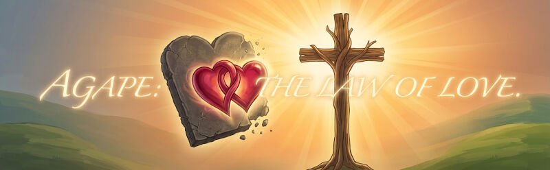 Illustration showing glowing hearts of love replacing the broken stone tablets of the Law at the cross.