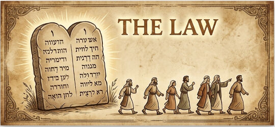A heavy, ancient, chiseled stone tablet with rough, symbolic glyphs representing the old mosaic law.