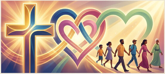 A vibrant, glowing illustration of a modern, multi-colored cross interwoven with radiant hearts and light, symbolizing grace and unity.