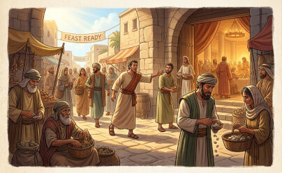 Servants actively invite a diverse crowd at an ancient Middle Eastern crossroads toward a glowing banquet hall.