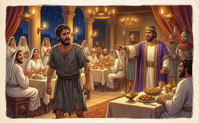 The King, in royal robes, sternly judges a single guest dressed in tattered grey, contrasting with the white-clothed guests.