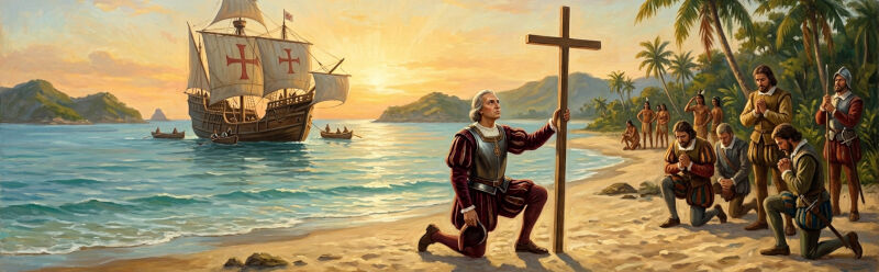 Christopher Columbus planting a cross on the beach of San Salvador at sunrise, symbolizing the spiritual motivation of his voyage.