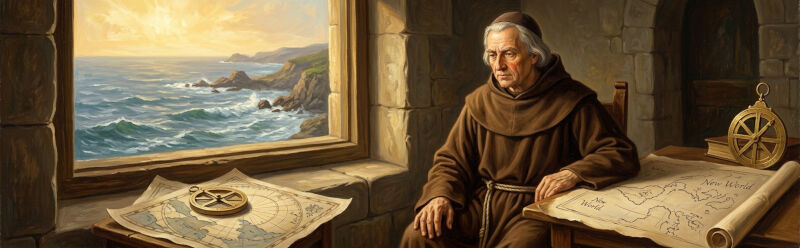 Christopher Columbus in a Franciscan habit, sitting at a desk with charts and an astrolabe, looking out a window at a distant, stormy Atlantic Ocean.