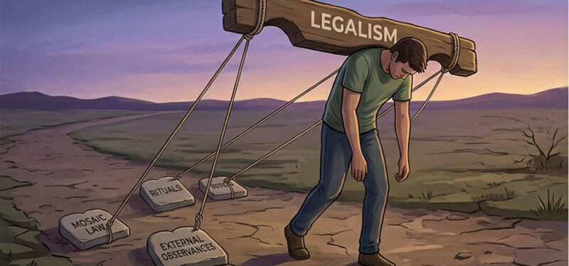 A person bowed and struggling to walk under a heavy wooden yoke labeled 'LEGALISM' in a desolate twilight landscape.
