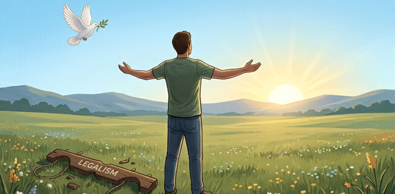 A person standing with arms open wide, facing a rising sun in a bright green meadow, with a discarded yoke behind them.