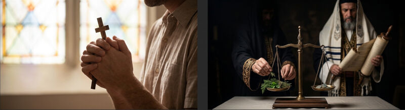 Close-up photograph of a person in contemplative prayer, gently holding a small wooden cross in their clasped hands, with natural warm sunlight filtering in. A Jewish religious leader (Pharisee) in traditional tallit and robes meticulously measuring out tiny herb bundles on bronze scales, holding a large religious scroll.