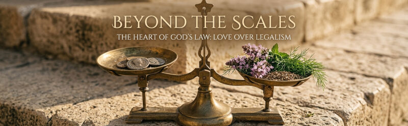 A vintage brass balance scale rests on ancient stone steps, with old coins on one pan and fresh herbs like mint and dill on the other. Elegant text overlay reads "Beyond the Scales: The Heart of God's Law: Love Over Legalism."