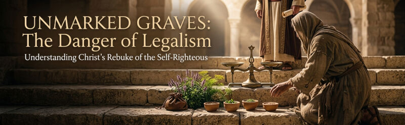 A dramatic historical photograph illustrating Jesus’s rebuke of the Pharisees. A self-righteous religious leader, focused on his scriptures, ignores a poor man reaching out for help on a stone stairway. A bronze balance scale with minute herb tithes symbolizes legalism.