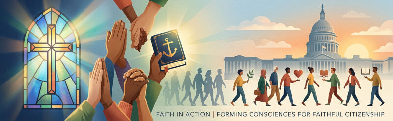 A stained-glass cross on the left and a civic capitol dome on the right, connected by diverse citizens working together, symbolizing Catholic faithful citizenship and public square engagement.