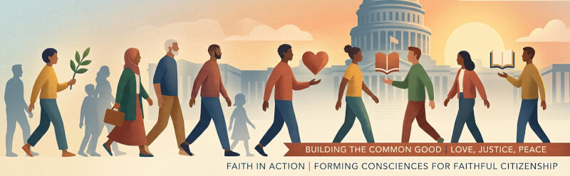 A diverse lineup of engaged citizens, including a man with an olive branch and a woman with a bag, walking with purpose toward the U.S. Capitol building at sunrise, symbolizing collective action for love, justice, and peace in the public square.