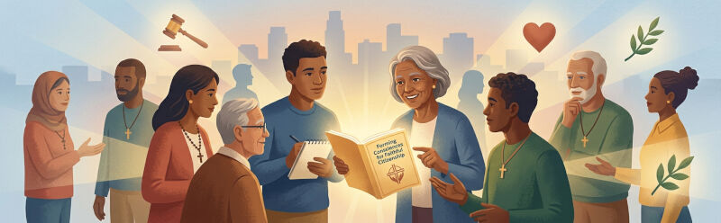 A group of diverse Catholic citizens engaged in respectful civil dialogue and conversation, applying moral principles to local community issues in the public square, inspired by the 'Forming Consciences for Faithful Citizenship' teaching.
