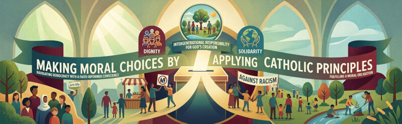 Making moral choices by applying Catholic principles to fulfill civic duties and care for God's creation, following Catholic Social Teaching.