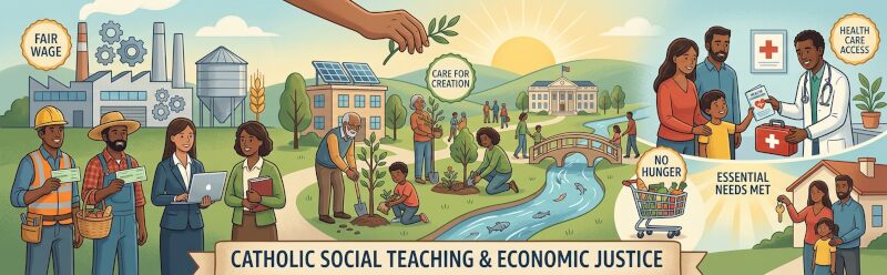 A modern digital illustration banner split into three panels showcasing social and economic justice themes. The left panel shows diverse workers holding paychecks near a factory, labeled FAIR WAGE. The center panel shows neighbors planting a community garden and trees under a CARE FOR CREATION emblem. The right panel shows a family receiving health information in a clinic. Other emblems include NO HUNGER and ESSENTIAL NEEDS MET. The title 'CATHOLIC SOCIAL TEACHING & ECONOMIC JUSTICE' is integrated on a ribbon graphic.