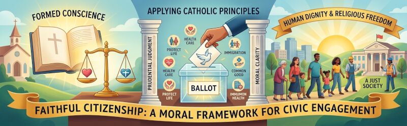 An image illustrating how applying Catholic principles to civic engagement begins with a well-formed conscience, uses prudential judgment to vote on public policy like human life and dignity, and ultimately builds a just society for the common good.