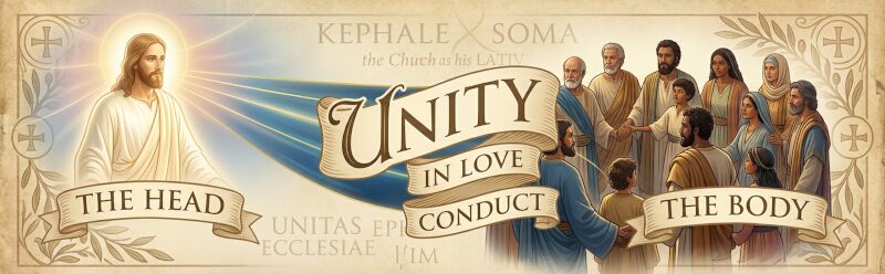 St. Paul's letter to the Ephesians Part One, illustrating Christ as 'THE HEAD' connected to a unified Church 'THE BODY'. The central message, 'ALL-ENCOMPASSING UNITY IN CHRIST'.