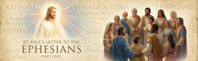 St. Paul's Letter to the Ephesians banner, illustrating Christ as the Head connected to a unified Church body.
