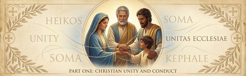 A small, diverse group of people within the ecclesial circle of the Church, with their hands securely clasped together, symbolizing Christian unity and mutual support, following the theme of Ephesians.