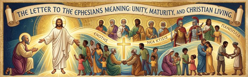 Illustration depicting the comprehensive message of St. Paul's Letter to the Ephesians, showing Christ as the head unifying the diverse Body, guiding it to spiritual maturity and practical Christian living, complete with the Armor of God.