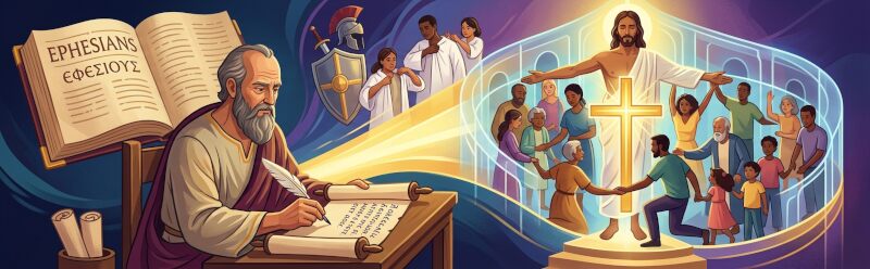 Illustration depicting St. Paul writing the Letter to the Ephesians, with a symbolic representation of the Body of Christ unified under Jesus Christ as its head.