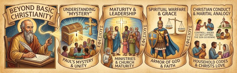 Illustration depicting the multiple complex theological themes and instructions from Paul's Letter to the Ephesians beyond Christ's headship.