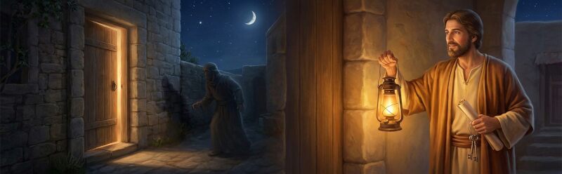 A symbolic banner graphic combining a wooden door, an oil lamp, and an ancient scroll to illustrate Jesus’ parable of the thief in the night and the responsible steward in Luke 12.