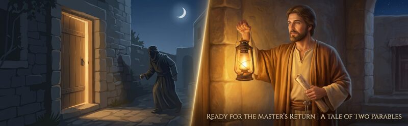 A shadowy figure in the night contrasting with a vigilant steward holding a bright lantern and scroll from Luke 12.