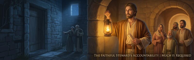 A vigilant steward holding a bright lantern and a scroll, standing before listening followers and an unexpected doorway in ancient stone, illustrating biblical stewardship.