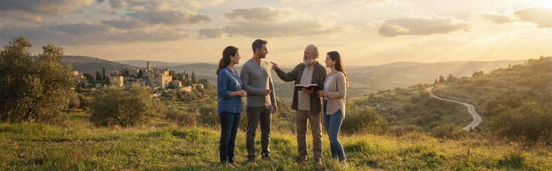 Group of diverse people gathered in a landscape at golden hour for a gospel reading and reflection on understanding the present time.