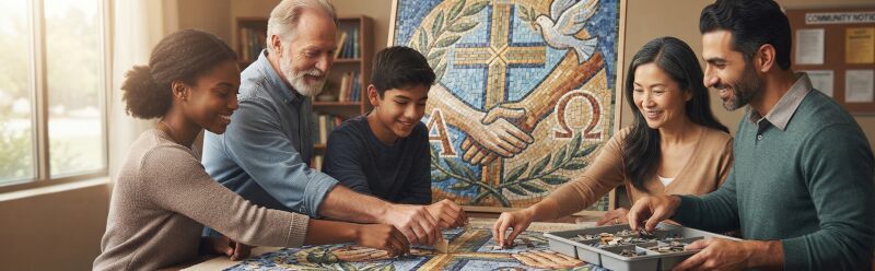 A diverse group of five people collaborating on a mosaic art project featuring symbols of Christian unity and reconciliation in a community center.