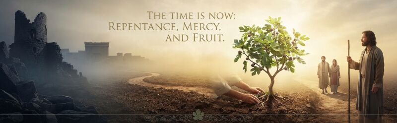 Parable of the Barren Fig Tree banner showing a fruitful tree in sunlight, ruins of Siloam, and Jesus calling to repentance.