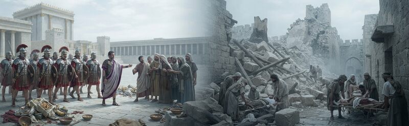 Panoramic illustration depicting Pontius Pilate's soldiers in the Temple and the rescue effort after the Tower of Siloam collapse in ancient Jerusalem.