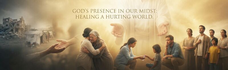 Conceptual banner illustrating God's presence in our midst healing global suffering through human compassion.