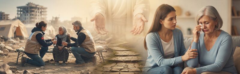 Disaster relief workers and a comforting friend embodying the Christian response to suffering and divine comfort.