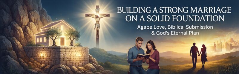 Panoramic view illustrating the all-encompassing message of building a strong Christian marriage on a solid foundation of Christ’s sacrifice, agape love, and biblical submission, leading to an eternal reward.