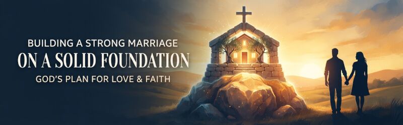 Couple holding hands standing next to a house built on a solid rock foundation under a warm sunset, representing building a strong Christian marriage on faith.