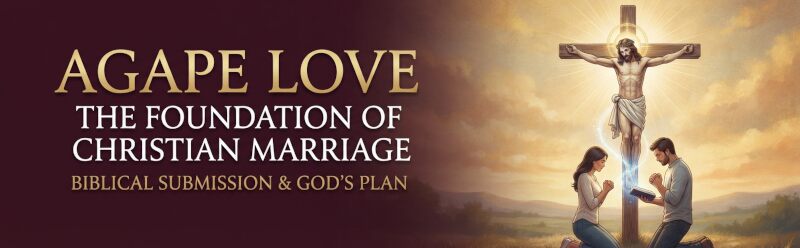 A Christian couple kneels in prayer before an illuminated crucifix, representing Agape love and biblical submission as the foundation of marriage.