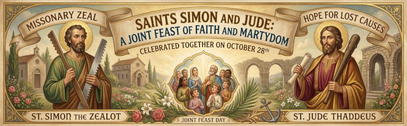 Featured banner depicting Saints Simon and Jude standing together with traditional symbols of missionary zeal, martyrdom, and hope for lost causes.