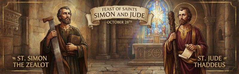 Saints Simon and Jude depicted as holy apostles holding traditional symbols, a saw for St. Simon the Zealot and a club for St. Jude Thaddeus.